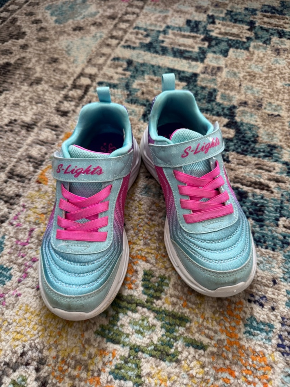 Skechers S-Lights Kids Sneakers in Aqua and Pink